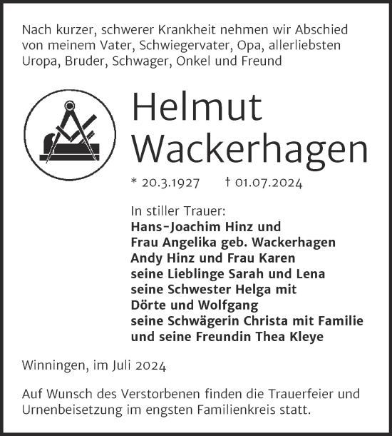 Traueranzeige von Helmut Wackerhagen von Trauerkombi Aschersleben