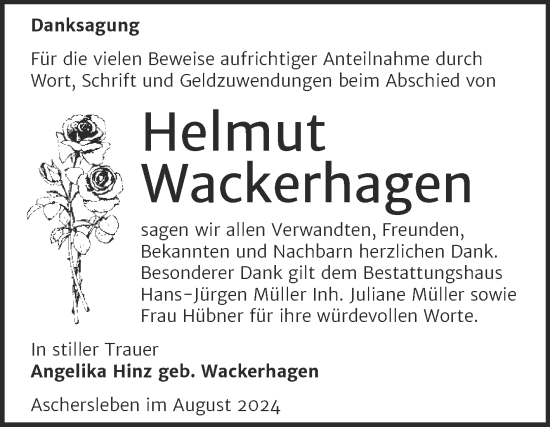 Traueranzeige von Helmut Wackerhagen von Trauerkombi Aschersleben