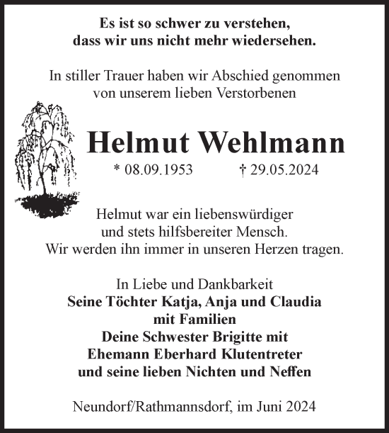 Traueranzeige von Helmut Wehlmann von Volksstimme Staßfurt