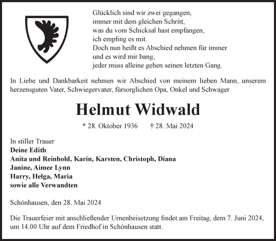 Traueranzeige von Helmut Widwald von Volksstimme Altmark Ost