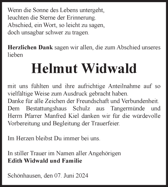 Traueranzeige von Helmut Widwald von Volksstimme Altmark Ost