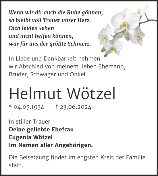 Traueranzeige von Helmut Wötzel von Trauerkombi Weißenfels