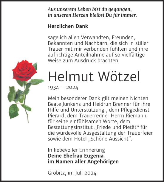 Traueranzeige von Helmut Wötzel von Super Sonntag Naumburg/Nebra