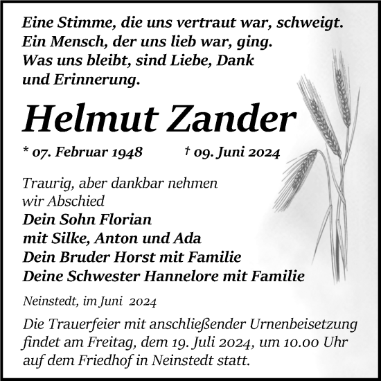 Traueranzeige von Helmut Zander von Trauerkombi Quedlinburg