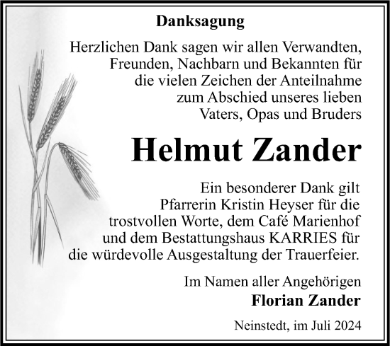 Traueranzeige von Helmut Zander von Trauerkombi Quedlinburg