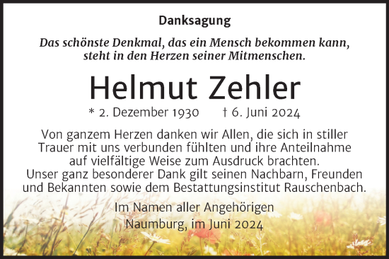 Traueranzeige von Helmut Zehler von Super Sonntag Naumburg/Nebra