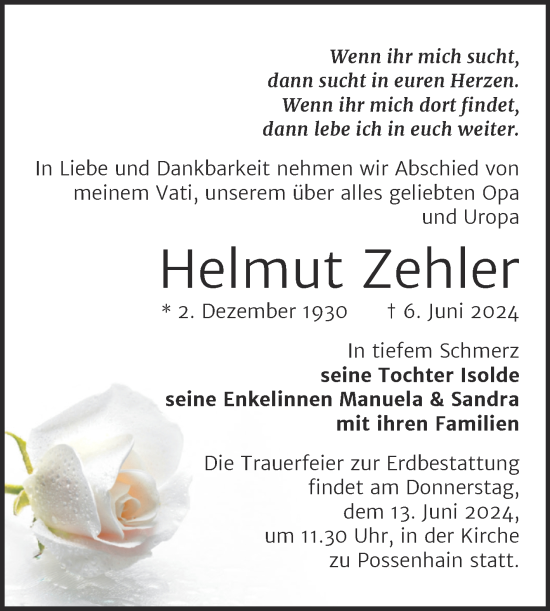 Traueranzeige von Helmut Zehler von Naumburger Tageblatt