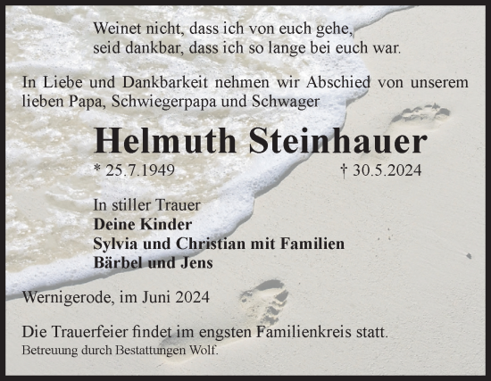 Traueranzeige von Helmuth Steinhauer von Volksstimme Wernigerode