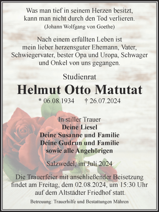 Traueranzeige von Helmut Otto Matutat von Volksstimme Altmark West