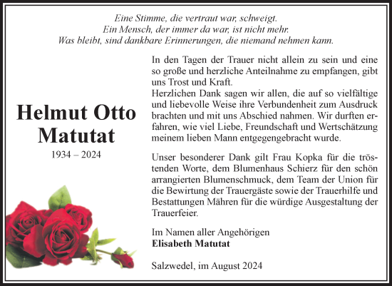 Traueranzeige von Helmut Otto Matutat von Volksstimme Altmark West