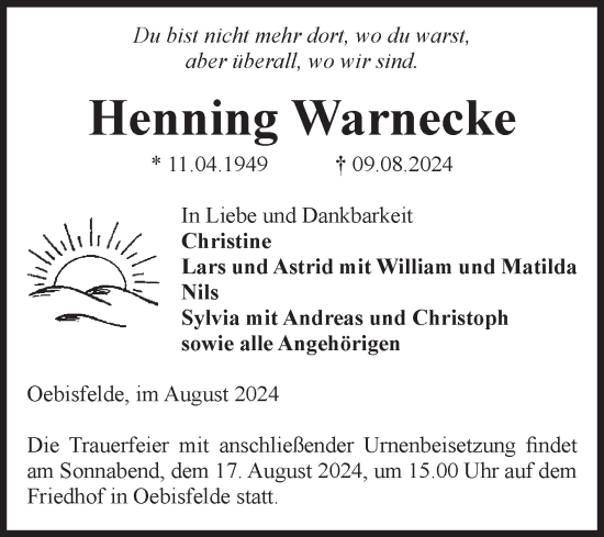 Traueranzeige von Henning Warnecke von Volksstimme Altmark West