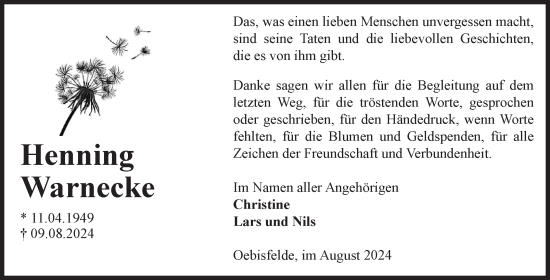 Traueranzeige von Henning Warnecke von Volksstimme Altmark West