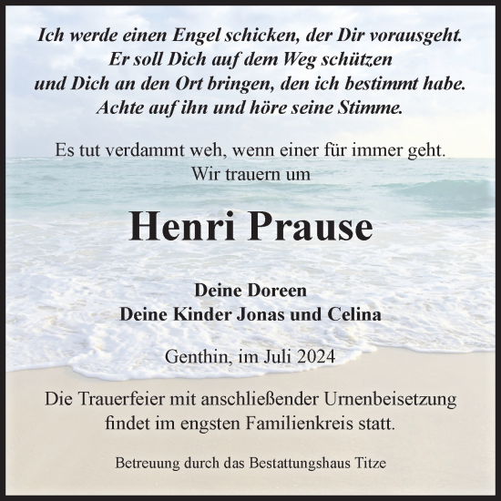Traueranzeige von Henri Prause von Volksstimme Burg/Genthin