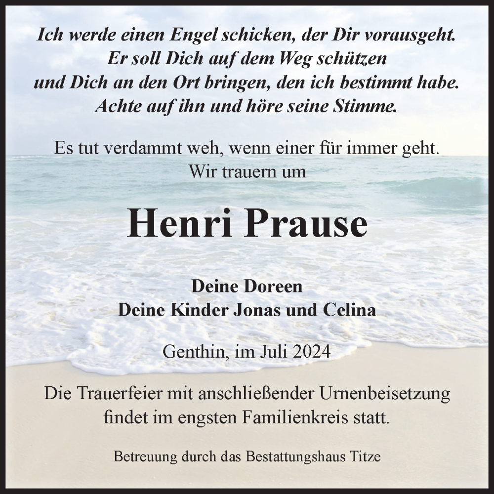  Traueranzeige für Henri Prause vom 13.07.2024 aus Volksstimme Burg/Genthin