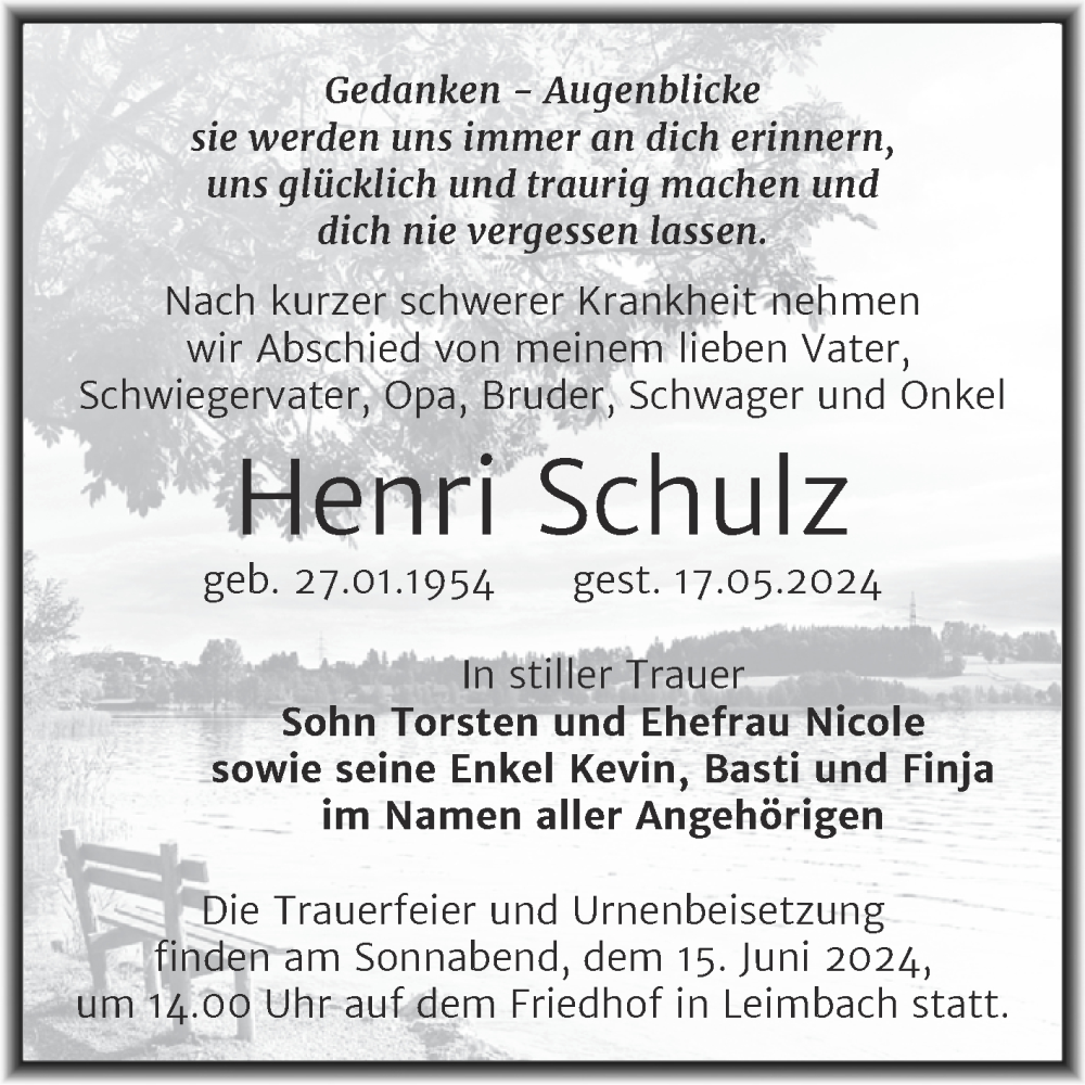  Traueranzeige für Henri Schulz vom 01.06.2024 aus Trauerkombi Mansfelder Land