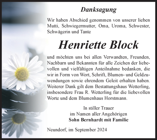 Traueranzeige von Henriette Block von Volksstimme Staßfurt