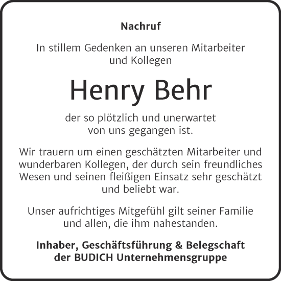 Traueranzeige von Henry Behr von Super Sonntag Wittenberg