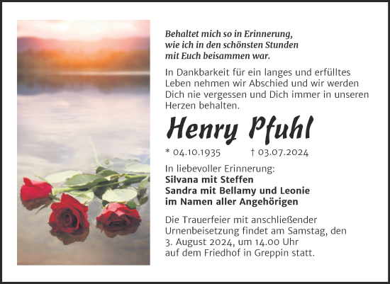Traueranzeige von Henry Pfuhl von Trauerkombi Bitterfeld