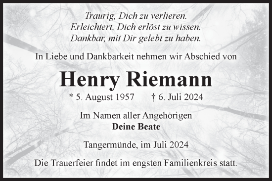 Traueranzeige von Henry Riemann von Volksstimme Altmark Ost
