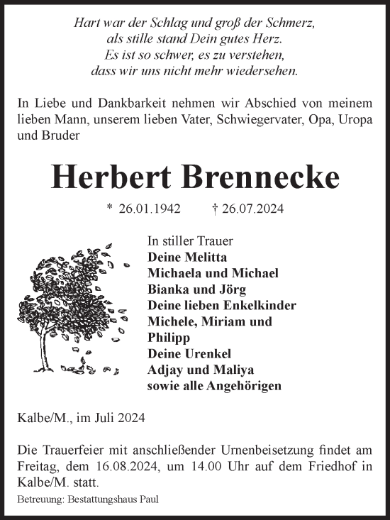Traueranzeige von Herbert Brennecke von Volksstimme Altmark West