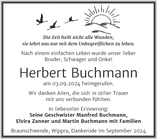Traueranzeige von Herbert Buchmann von Mitteldeutsche Zeitung Mansfelder Land