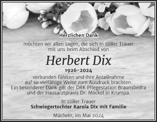 Traueranzeige von Herbert Dix von Trauerkombi Merseburg