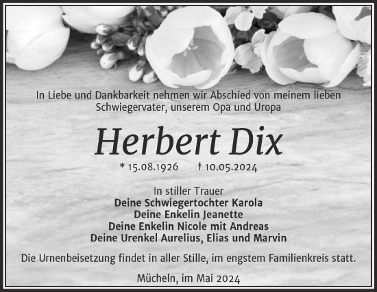 Traueranzeige von Herbert Dix von Trauerkombi Merseburg