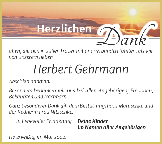 Traueranzeige von Herbert Gehrmann von Trauerkombi Bitterfeld