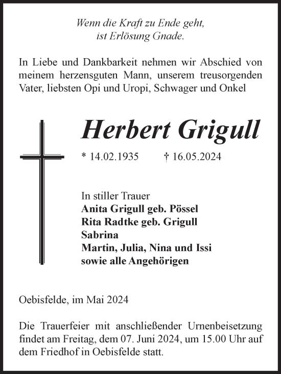 Traueranzeige von Herbert Grigull von Volksstimme Altmark West
