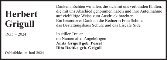 Traueranzeige von Herbert Grigull von Volksstimme Altmark West