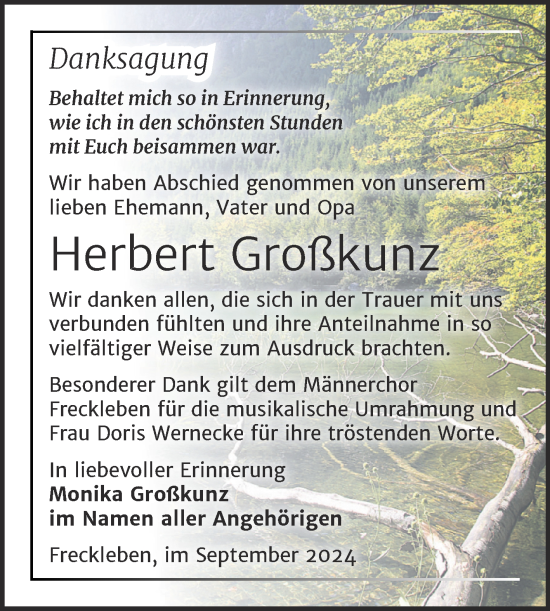 Traueranzeige von Herbert Großkunz von Trauerkombi Aschersleben