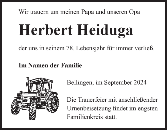 Traueranzeige von Herbert Heiduga von Volksstimme Altmark Ost