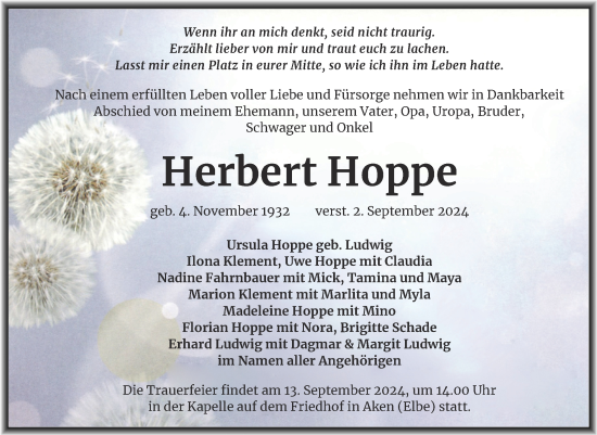 Traueranzeige von Herbert Hoppe von Trauerkombi Köthen