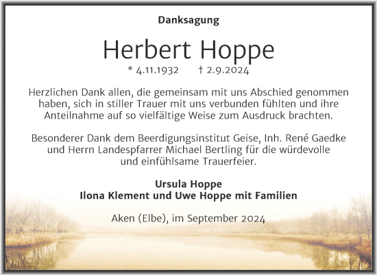 Traueranzeige von Herbert Hoppe von Trauerkombi Köthen