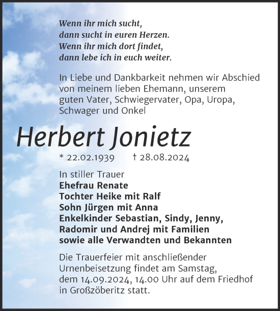 Traueranzeige von Herbert Jonietz von Trauerkombi Bitterfeld