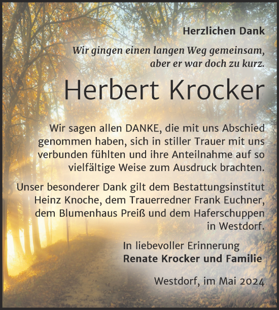 Traueranzeige von Herbert Krocker von Trauerkombi Aschersleben