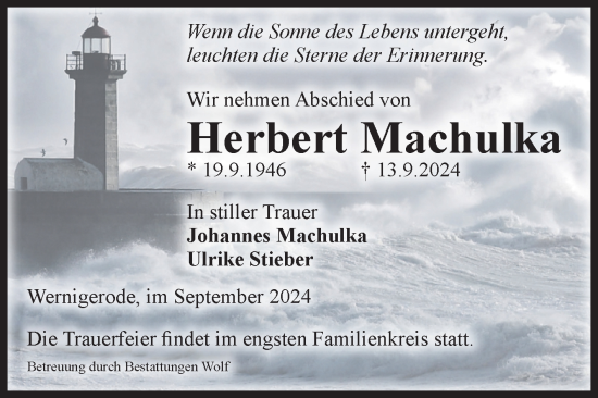 Traueranzeige von Herbert Machulka von Volksstimme Wernigerode