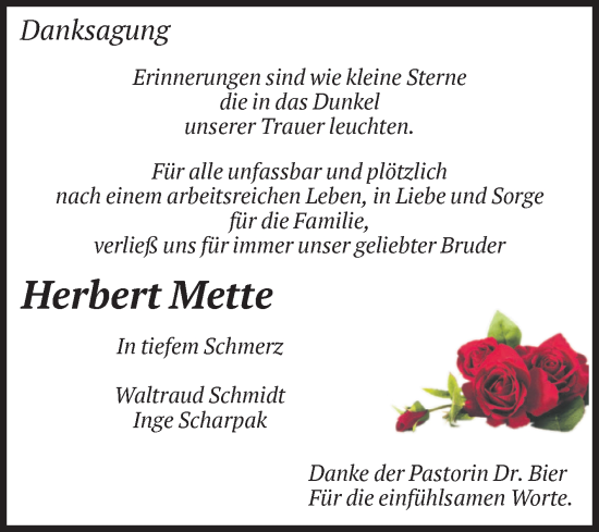Traueranzeige von Herbert Mette von Volksstimme Wernigerode