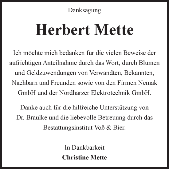 Traueranzeige von Herbert Mette von Volksstimme Wernigerode