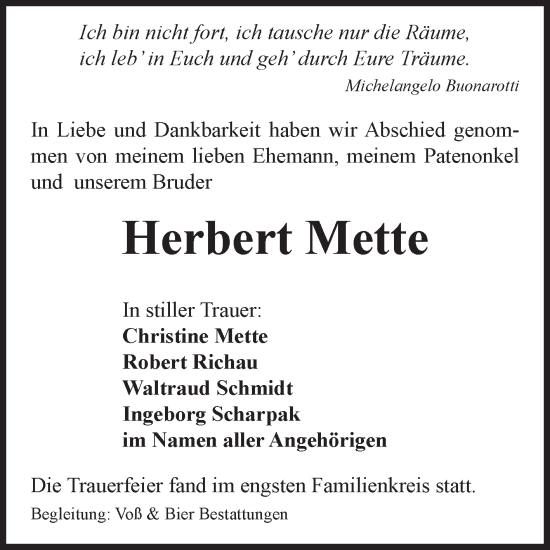 Traueranzeige von Herbert Mette von Volksstimme Wernigerode