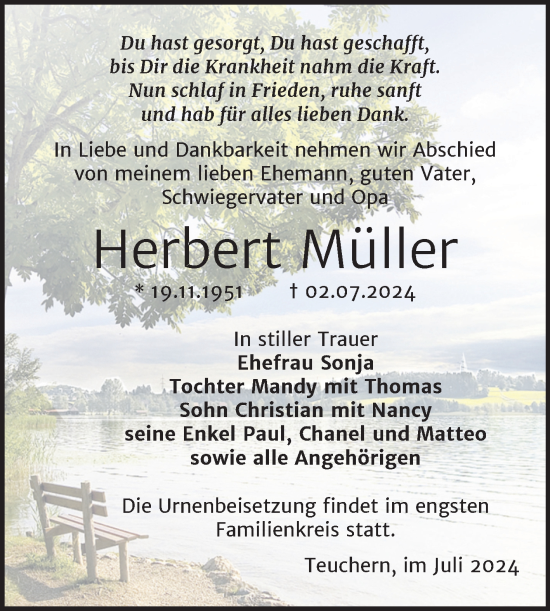 Traueranzeige von Herbert Müller von Trauerkombi Weißenfels