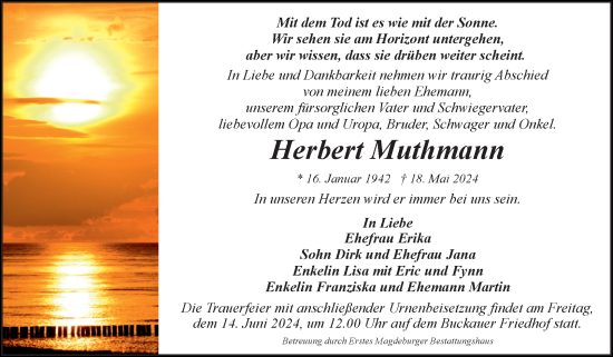 Traueranzeige von Herbert Muthmann von Volksstimme Magdeburg
