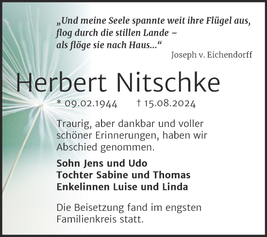 Traueranzeige von Herbert Nitschke von Trauerkombi Bernburg