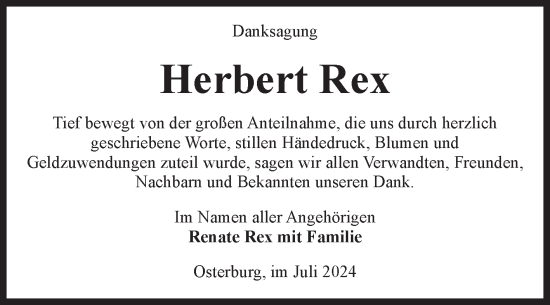 Traueranzeige von Herbert Rex von Volksstimme Altmark Ost