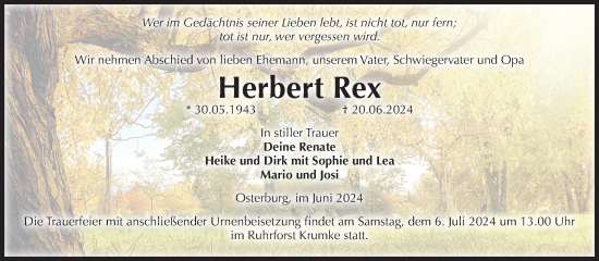 Traueranzeige von Herbert Rex von Volksstimme Altmark Ost
