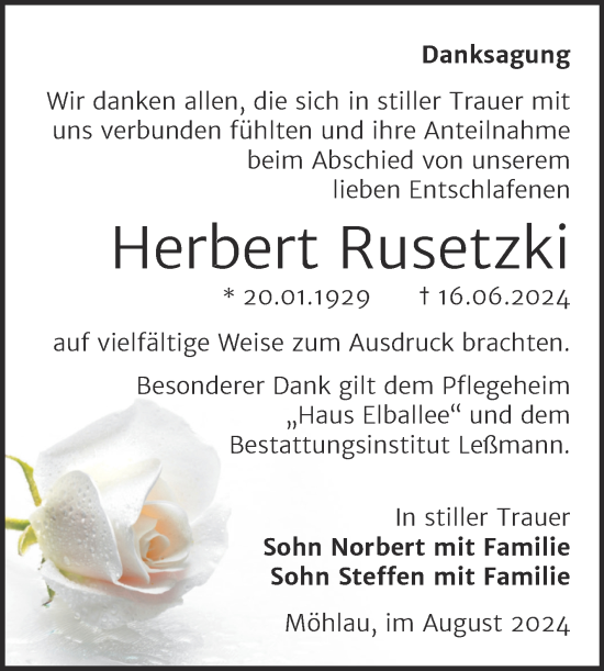 Traueranzeige von Herbert Rusetzki von Trauerkombi Wittenberg