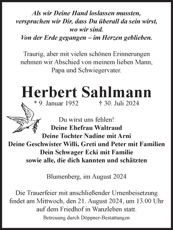 Traueranzeige von Herbert Sahlmann von Volksstimme Oschersleben/Wanzleben