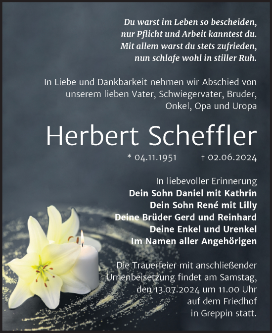 Traueranzeige von Herbert Scheffler von Trauerkombi Bitterfeld