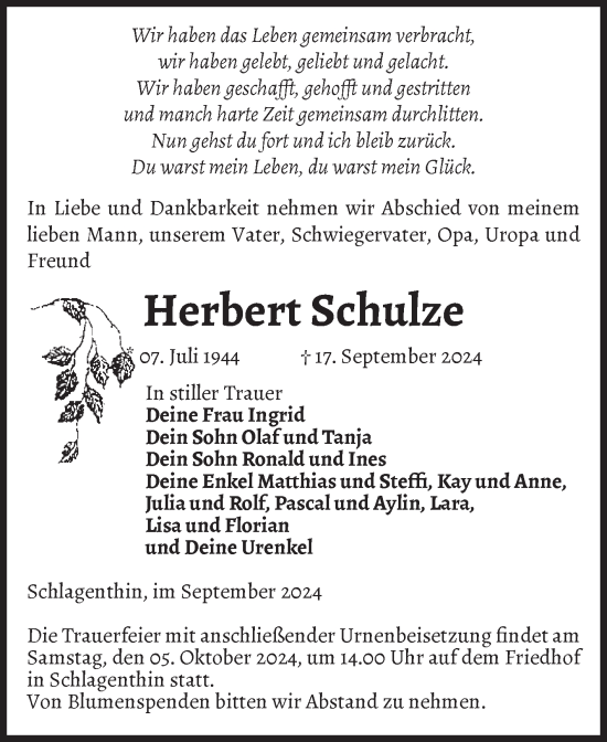 Traueranzeige von Herbert Schulze von Volksstimme Burg/Genthin