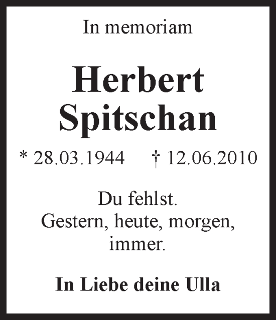 Traueranzeige von Herbert Spitschan von Volksstimme Magdeburg